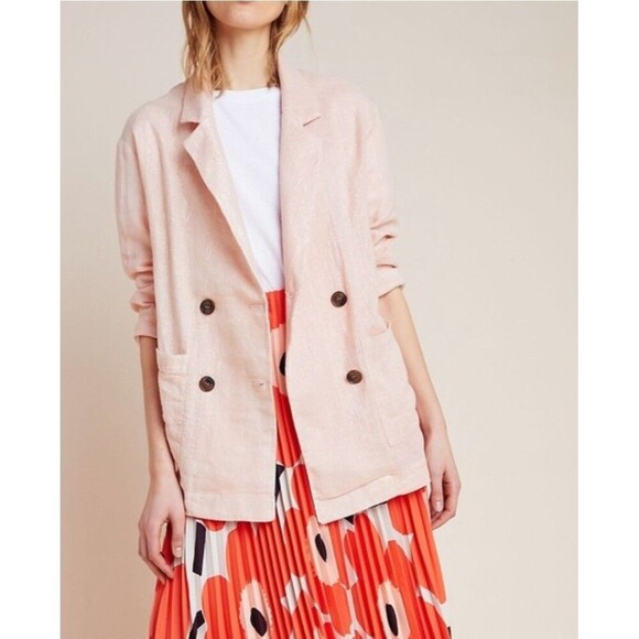 Anthropologie Jackets & Blazers - Amadi Anthropologie M Blazer Kaye Oversized Double Breast Pink Linen- Metallic